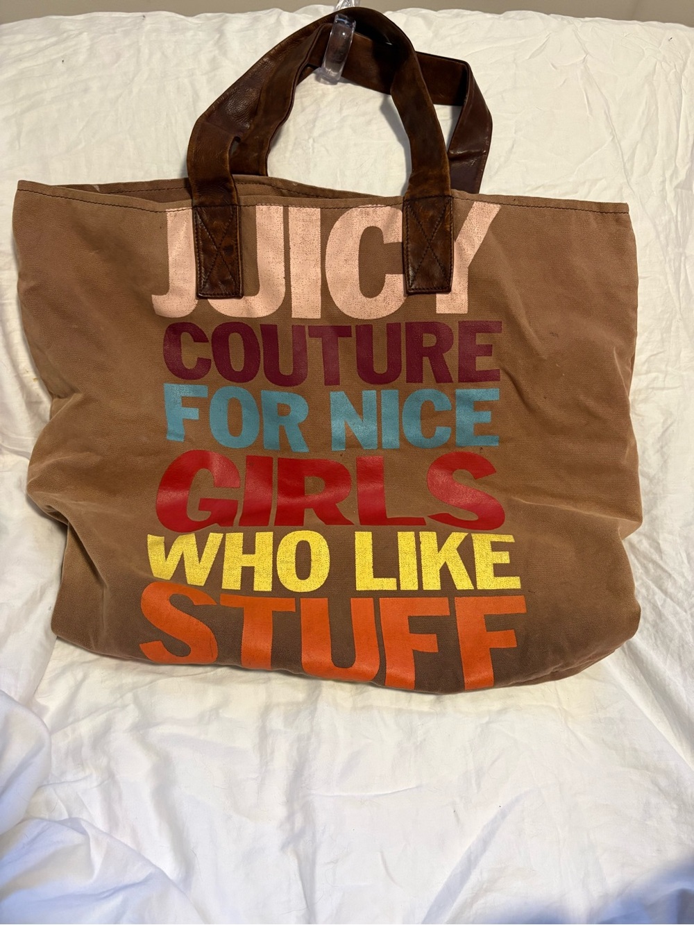 Y2K Juicy Couture Brown Canvas Tote with Multicolor Text, Leather Straps